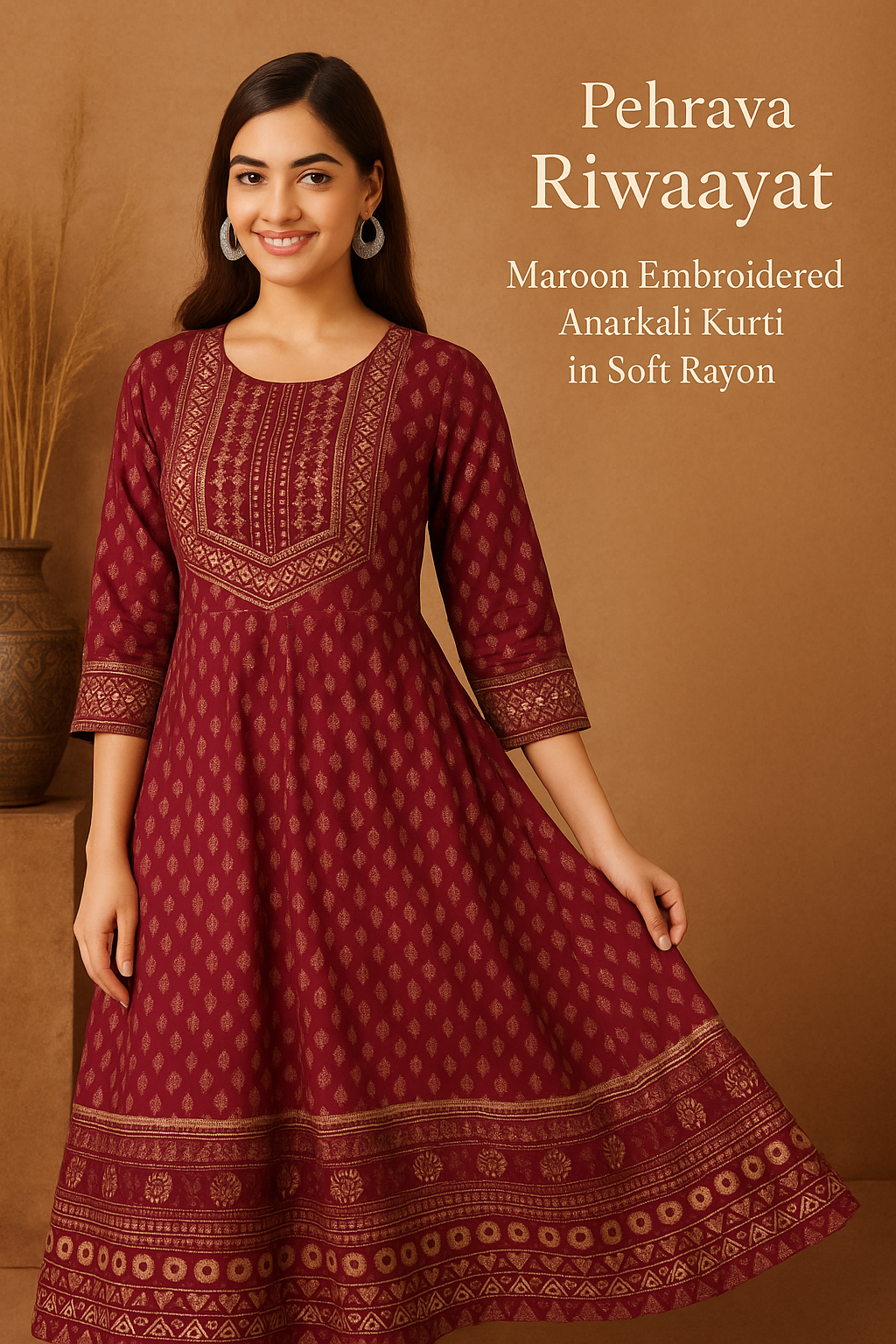 Pehrava Riwaayat – Maroon Embroidered Anarkali Kurti in Soft Rayon
