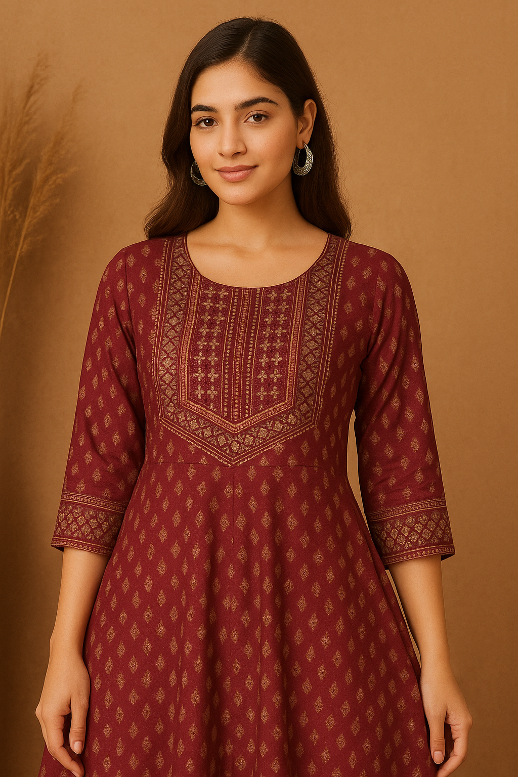 Pehrava Riwaayat – Maroon Embroidered Anarkali Kurti in Soft Rayon